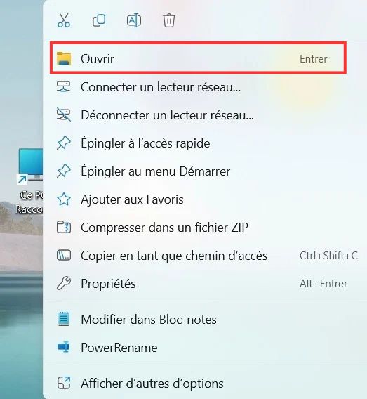 Menu contextuel du raccourci Ce PC.
