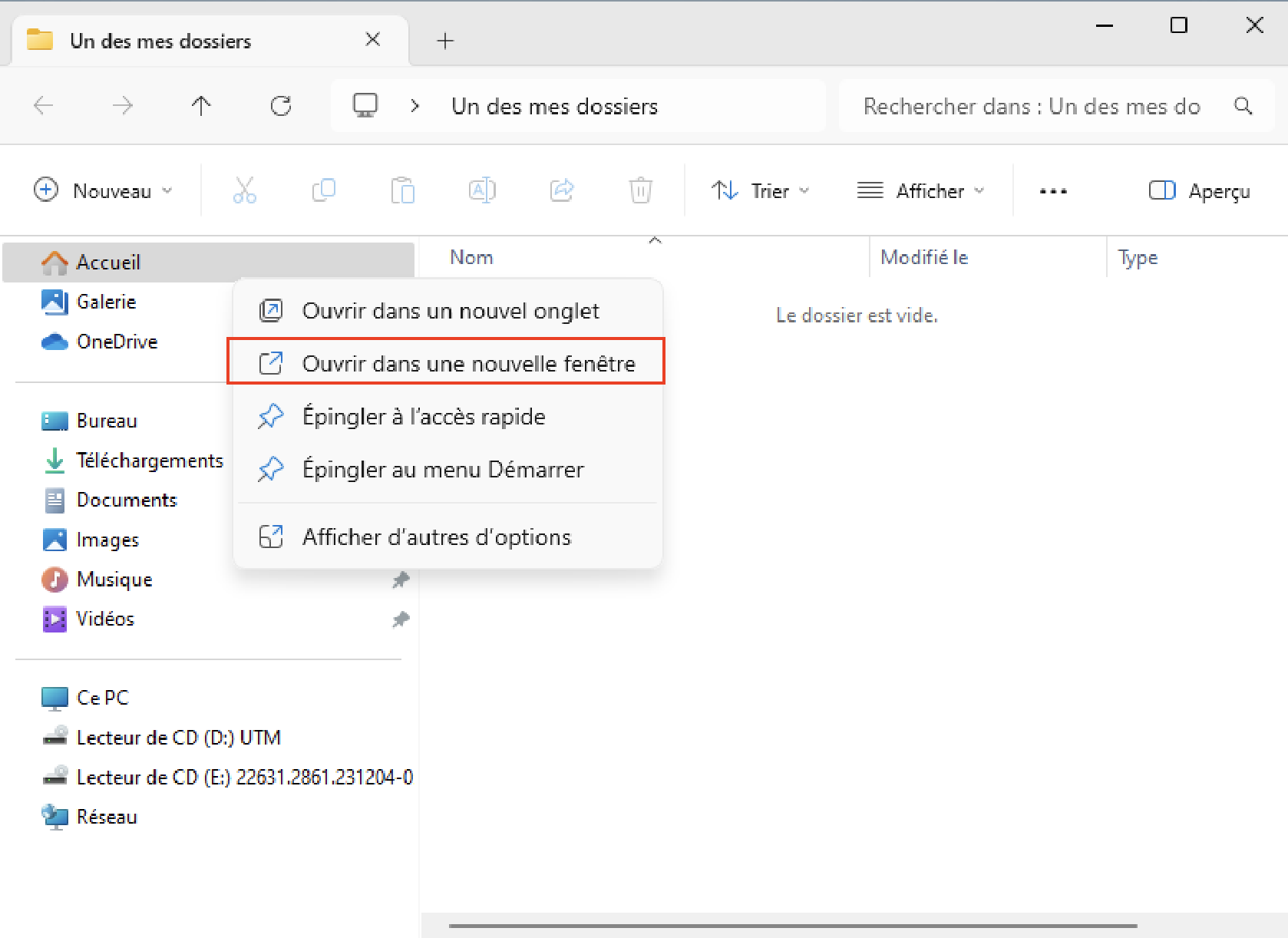 Option "Ouvrir dans une nouvelle fenêtre" du menu déroulant.
