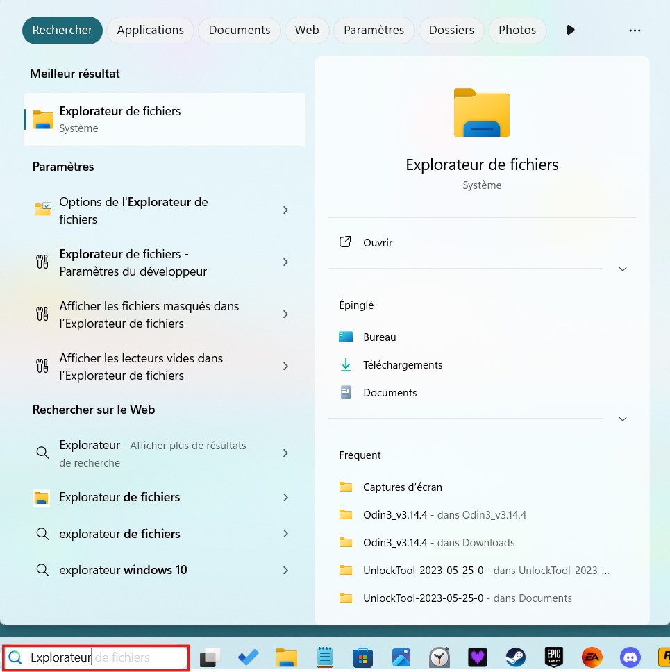 Saisir "Explorateur de fichier" dans la barre de recherche WIndows