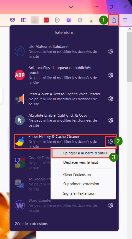 Vider le cache de Firefox, épingler l'extension