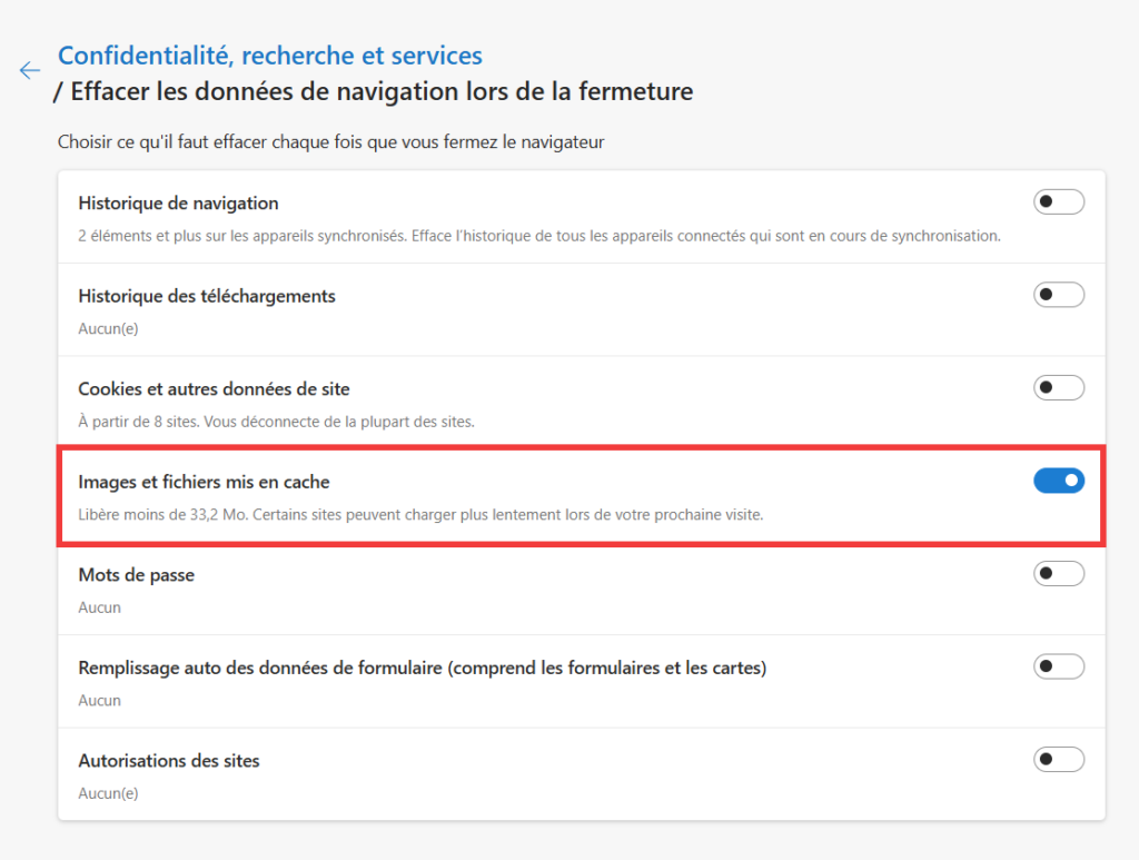 Vider cache Edge, activer option images et fichiers en cache