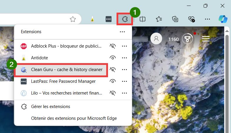 Vider cache Edge, accéder à l'extension