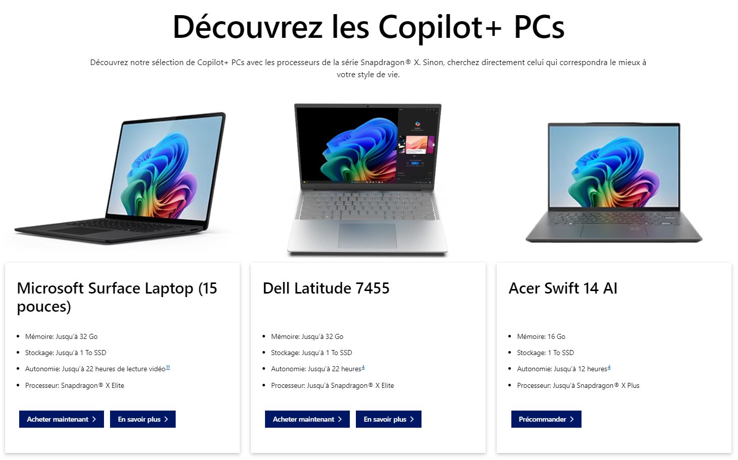 Différents modèles de Copilo+ PC (Microsoft, Dell et Acer)
