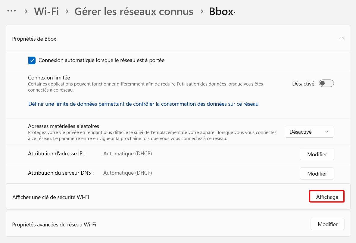 Afficher une clé de sécurité Wi-FI