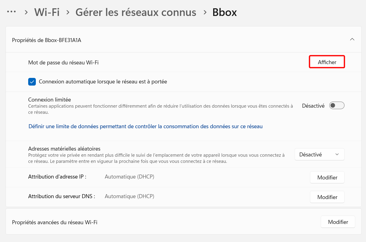 Afficher clé Wi-Fi sur la version 24H2 de Windows 11
