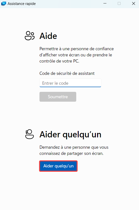 Fenêtre d'accueil de l'Assistance à distance Windows.
