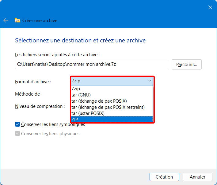Choisir un format d'archive