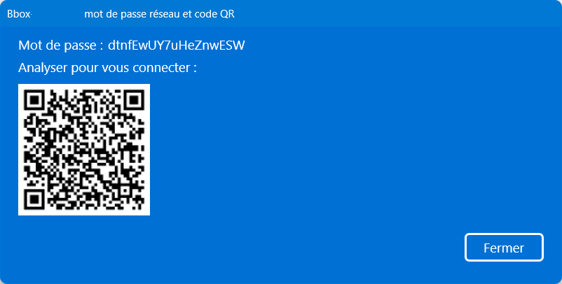 Fenêtre révélant le mot de passe d'un réseau Wi-FI et QR Code permettant de s'y connnecter.