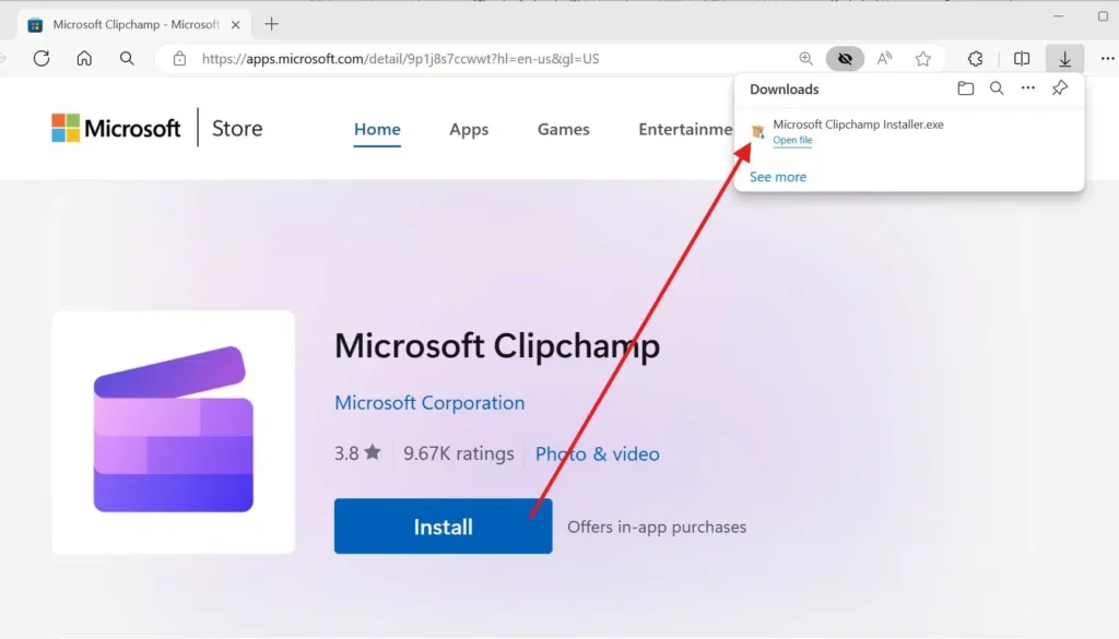 La version Web du Microsoft Store pour télécharger un fichier exécutable (source : Microsoft).