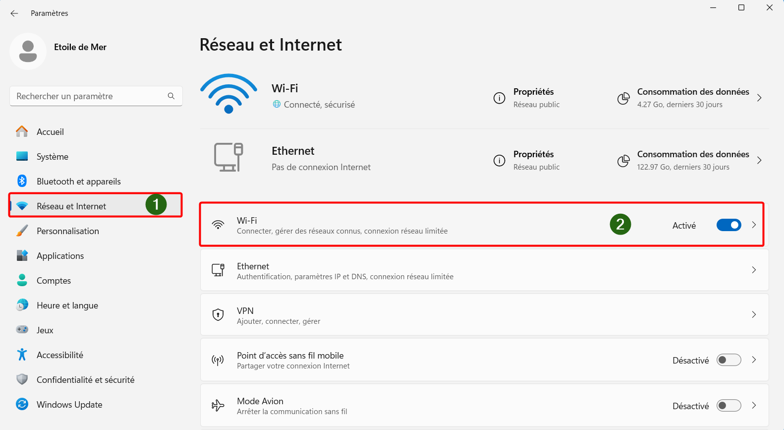 Option Wi-Fi dans le menu Réseau et Internet