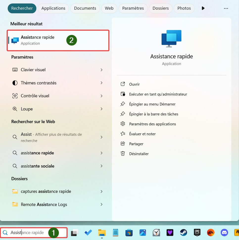 Assistance rapide Windows dans la liste des applications