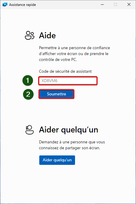 Saisie du code assistance rapide Windows