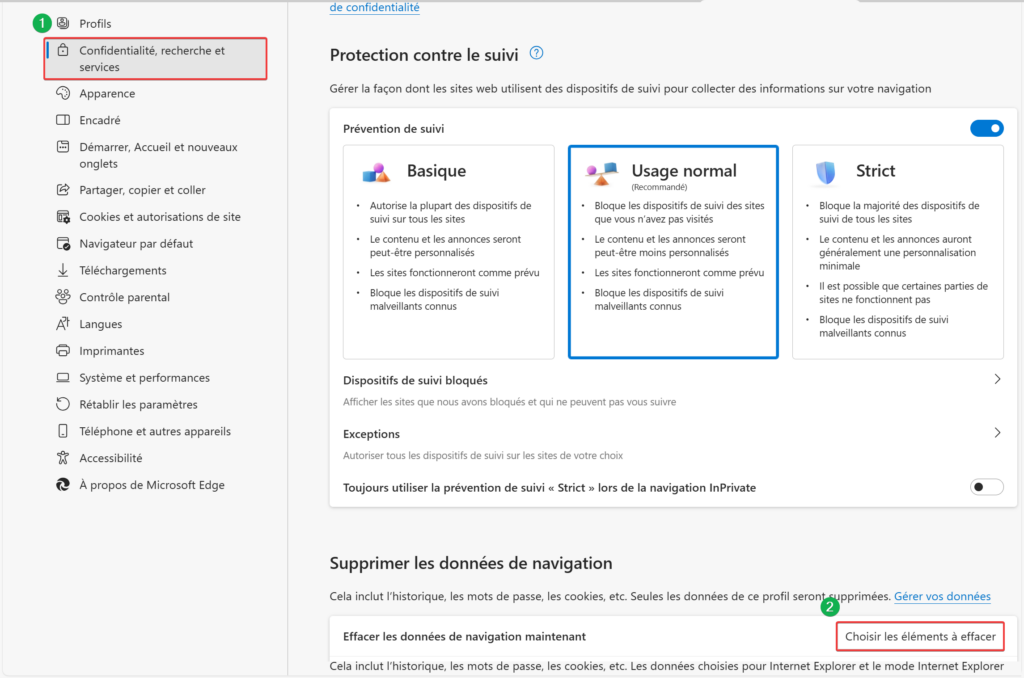 Vider cache Edge, aller sur Confidentialité, recherche et services