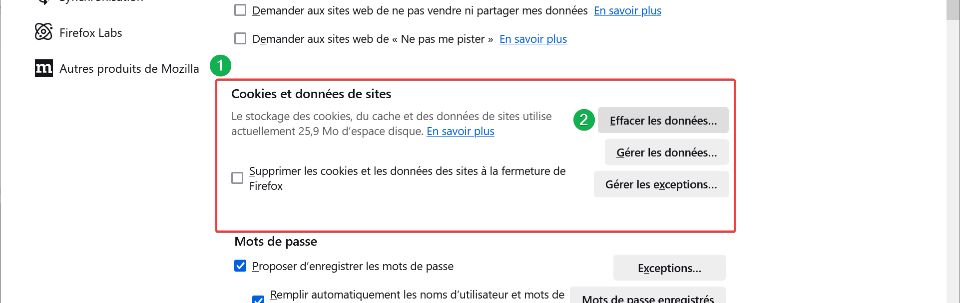 Firefox Effacer les données des sites internet