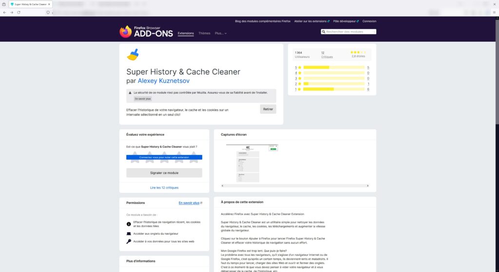 Vider le cache de Firefox, télécharger l'extension Super History Cache Cleaner
