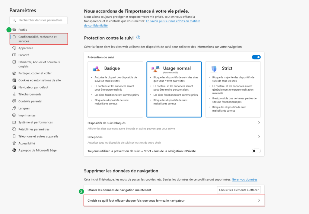 Vider cache Edge, aller sur Confidentialité, recherche et services