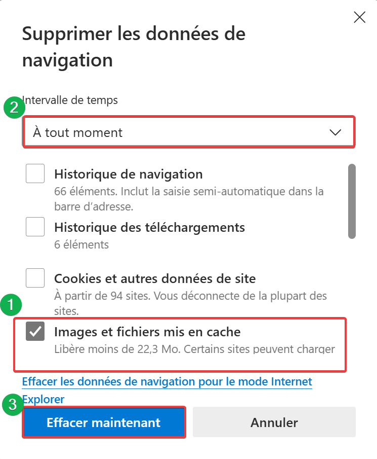 Vider cache Edge, supprimer les données de navigation