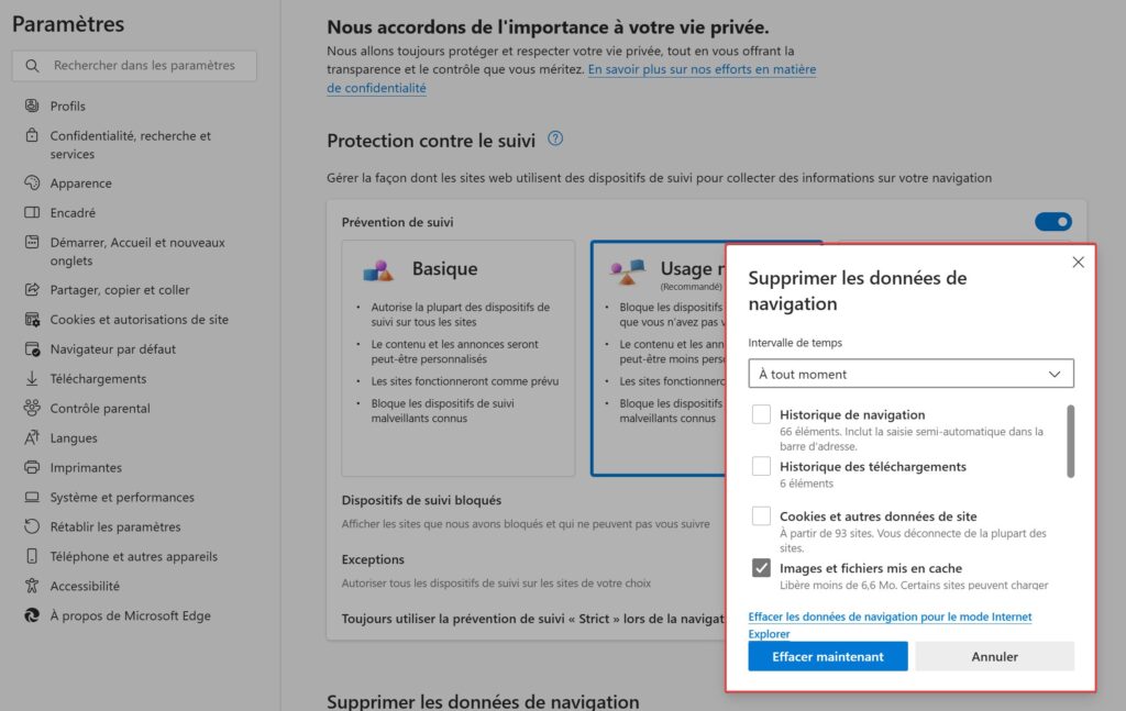 vider cache Edge grâce au raccourci