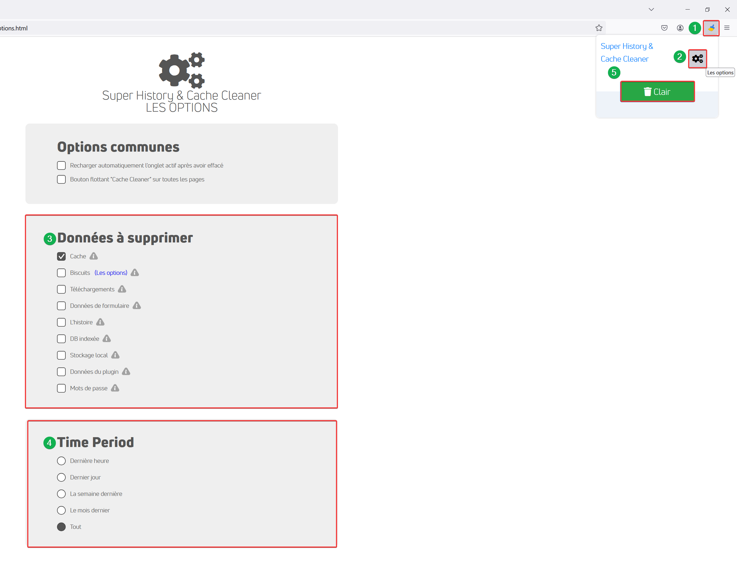 Vider le cache de Firefox, cliquer sur l'icône de l'extension