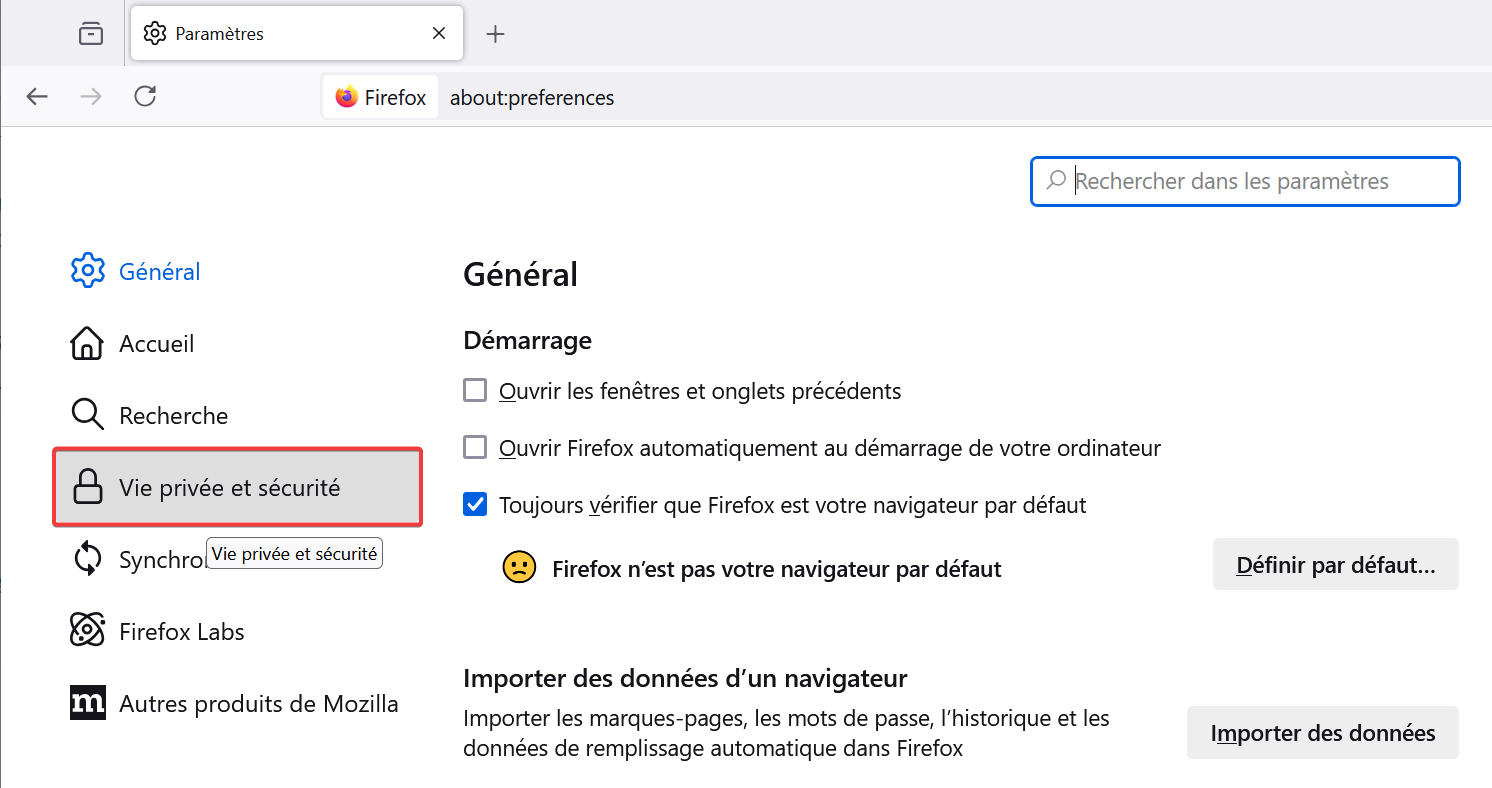 Vider le cache de Firefox, aller sur Vie privée et sécurité