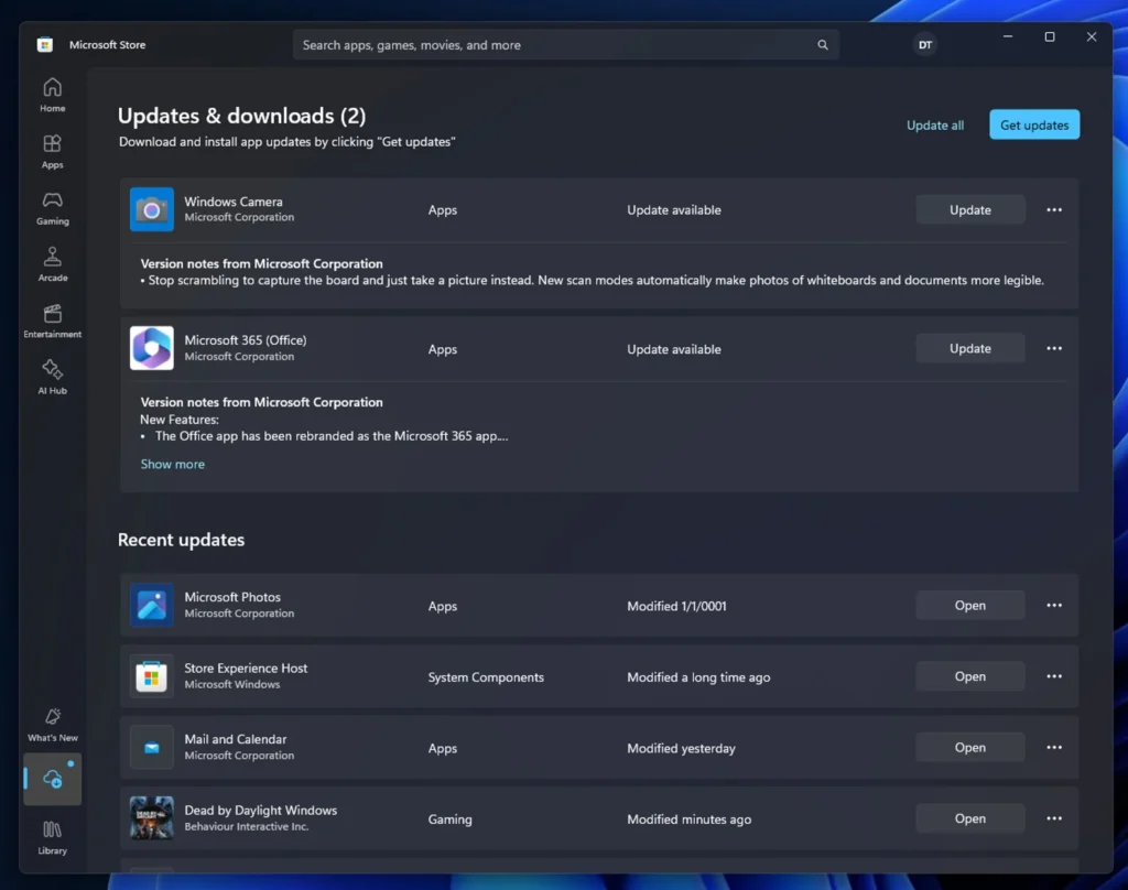 Une section dédiée aux mises à jour et téléchargements (source : Microsoft).