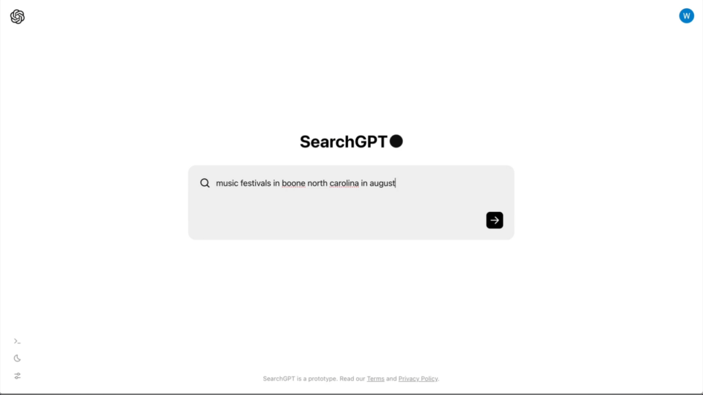Encart de dialogue pour une recherche conversationnelle sur SearchGPT (©OpenAI)