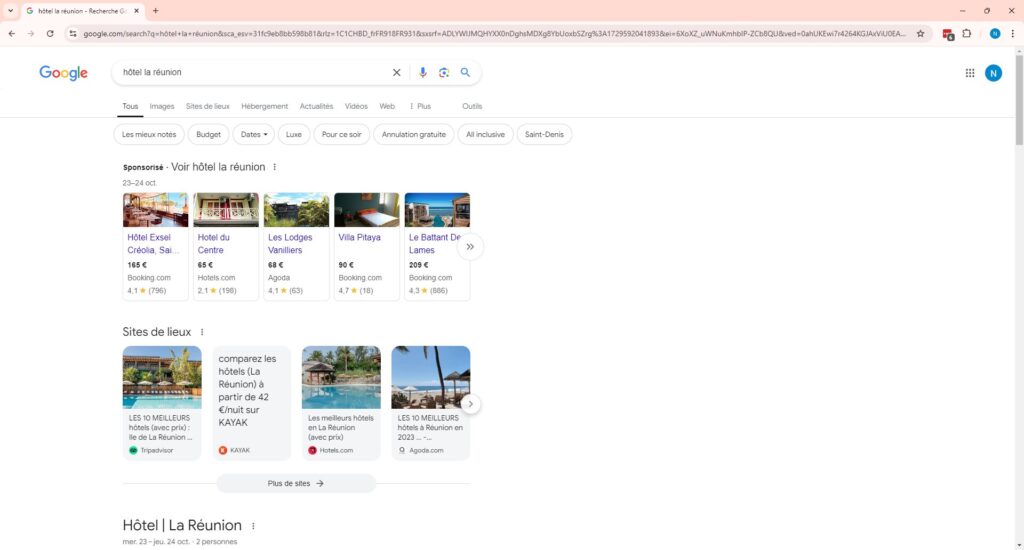 Exemple de page de résultats Google avec publicités.