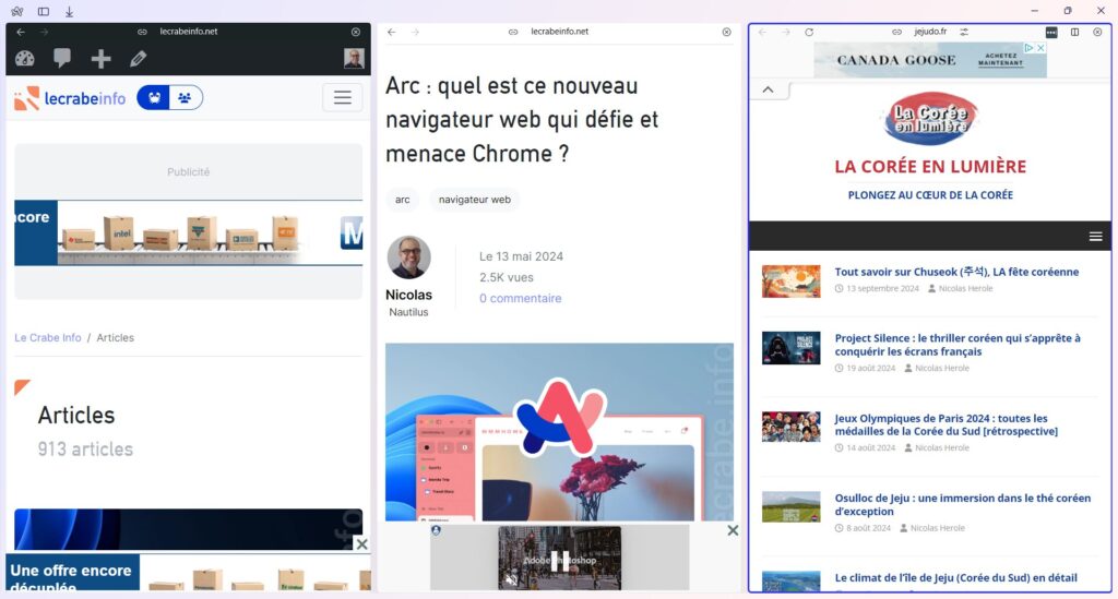 Arc (Split view) : trois pages web ouvertes et consultables dans une seule fenêtre.