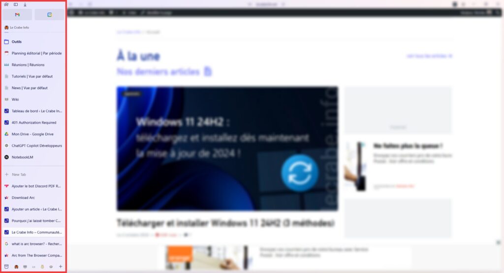 Présentation verticale des onglets et favoris sur le navigateur Arc.
