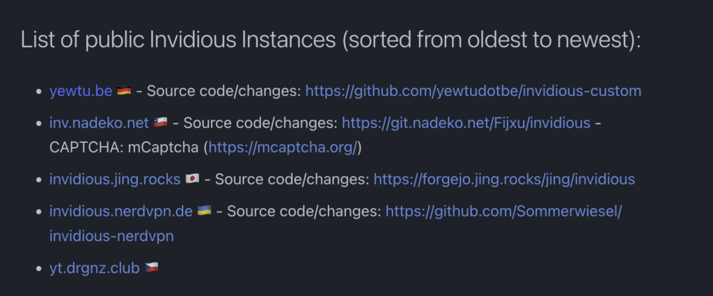 Liens vers les instances Invidious