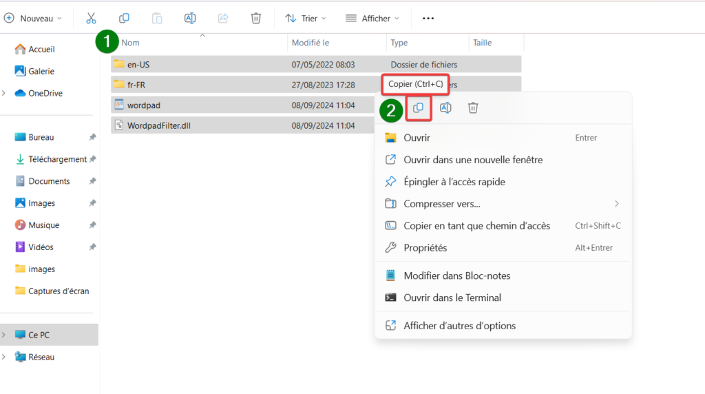 restaurer wordpad-copier les fichiers