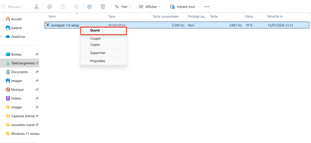 restaurer wordpad-exécuter le fichier
