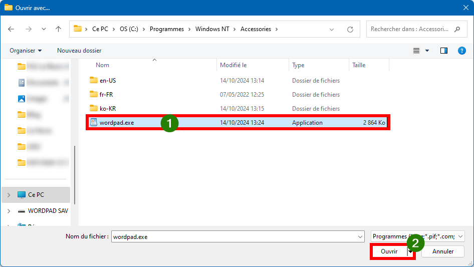 Choisir WordPad comme app par défaut pour un format de fichier
