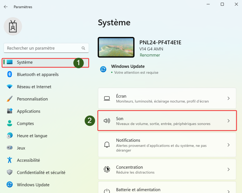 Menu paramètres de Windows