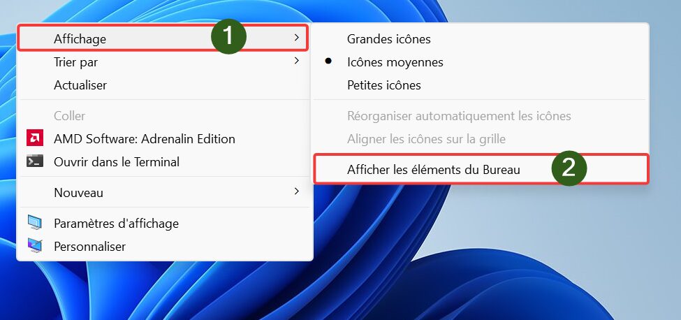 Menu contextuel Afficher les éléments de bureau