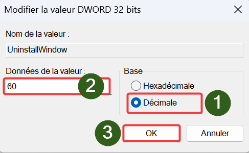 Modification de la valeur de la clé UninstallWindow
