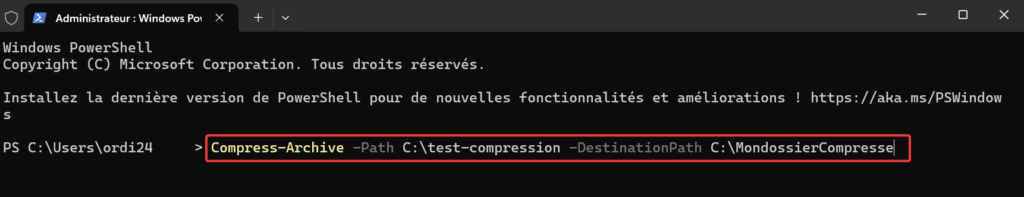 Exemple de la ligne de commande PowerShell pour compresser un répertoire