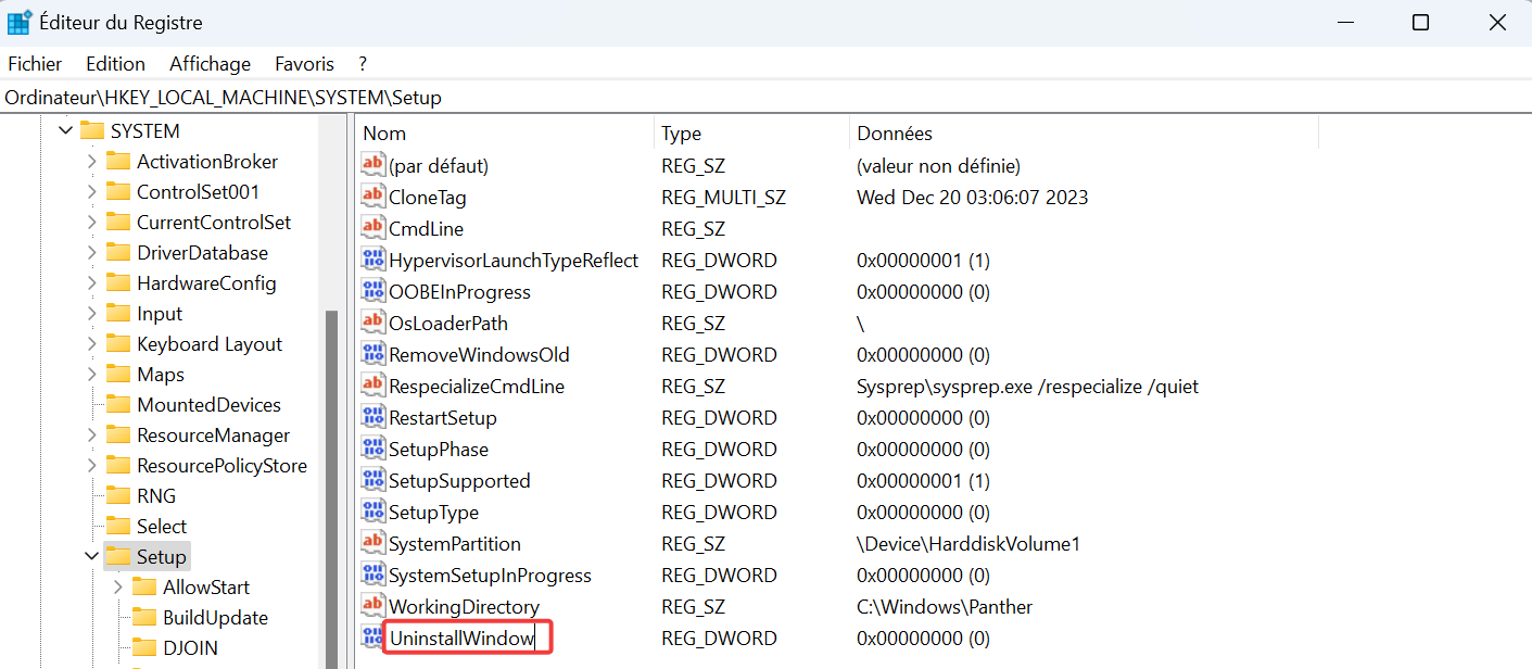 Création de la valeur UninstallWindow