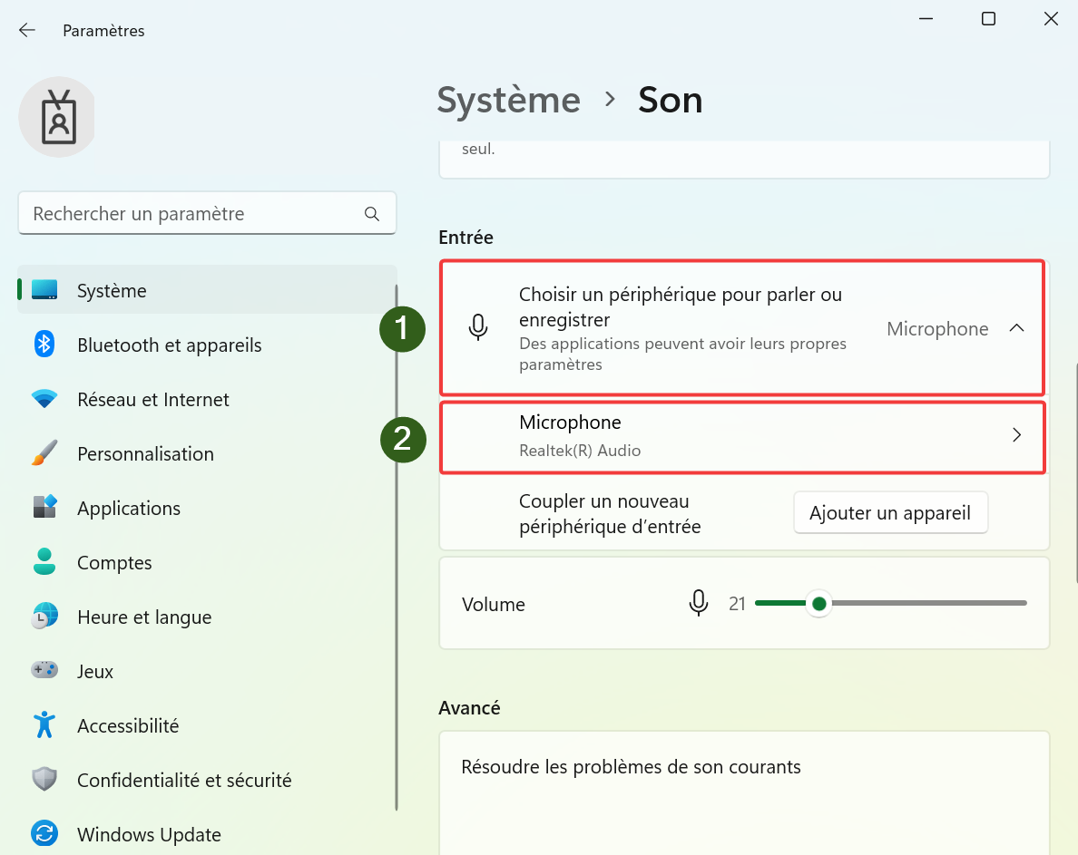 Ouvrir menu propriétés entrées audio