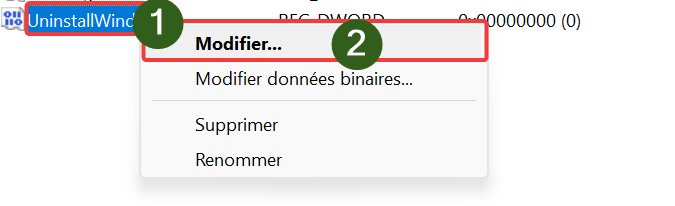 Modifier la clé UninstallWindows