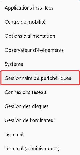 ouverture du gestionnaire de périphérique via le menu de la barre de tâches