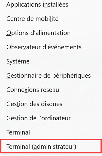 Menu Accès Rapide avec Terminal (administrateur) séléectionné