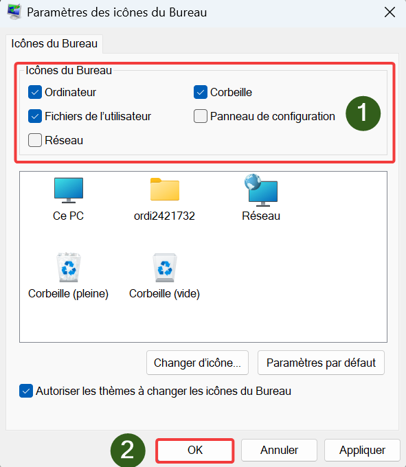 Choix de l'affichage de certaines icônes sur le Bureau