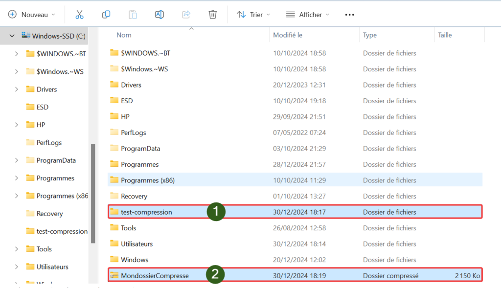 Dans l'Explorateur Windows : le répertoire d'origine et le répertoire compressé.