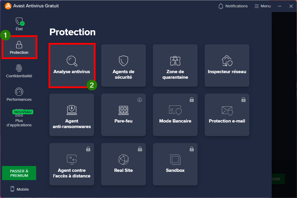 Avast, Protection > Analyse antivirus