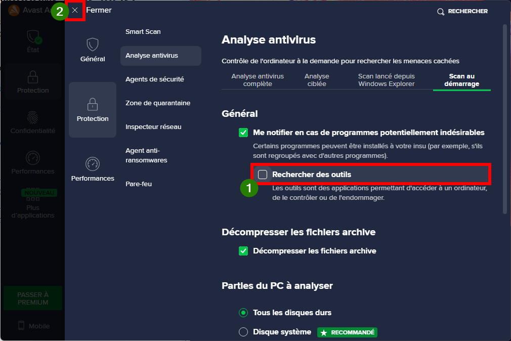 Avast, cocher Rechercher des outils et Fermer