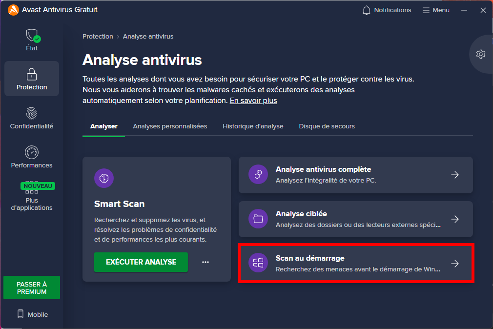 Avast, lancer Scan au démarrage