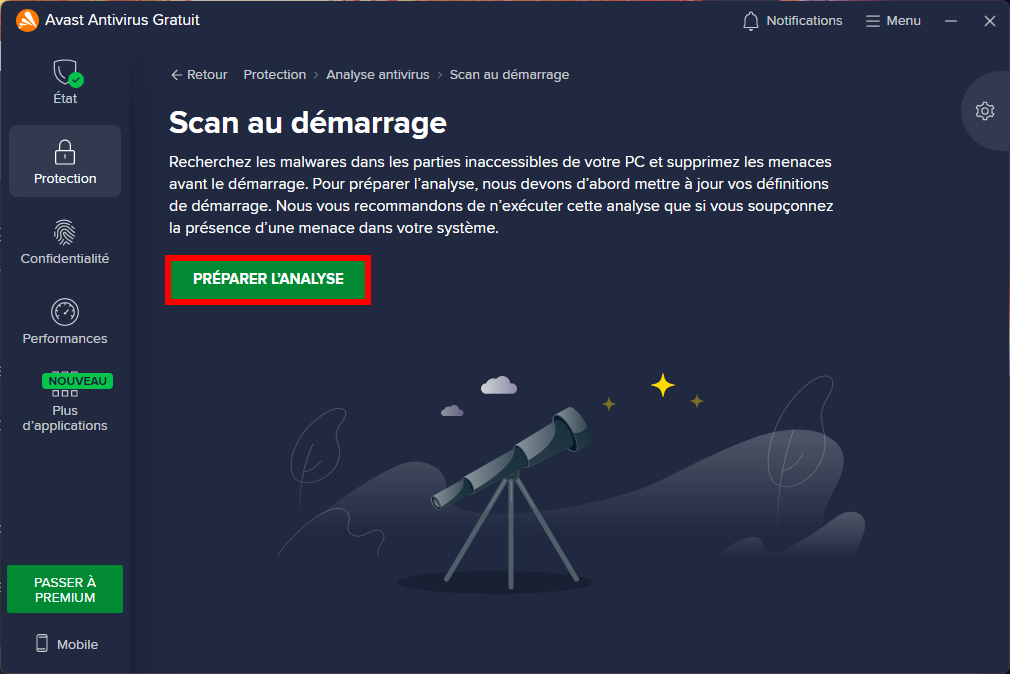 Avast, faire Préparer l'analyse (installation des définitions)