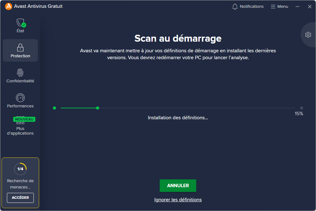 Avast installe les dernières définitions pour le scan au démarrage