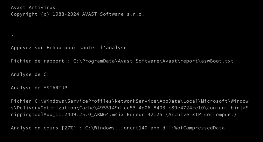 Avast, capture d'une correction automatique lors du scan au démarrage
